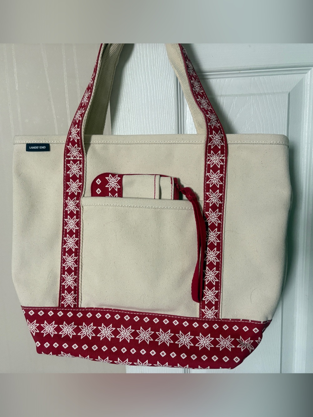 Lands’ End Canvas Tote Bag with Red Patterned Trim - w/ matching wristlet